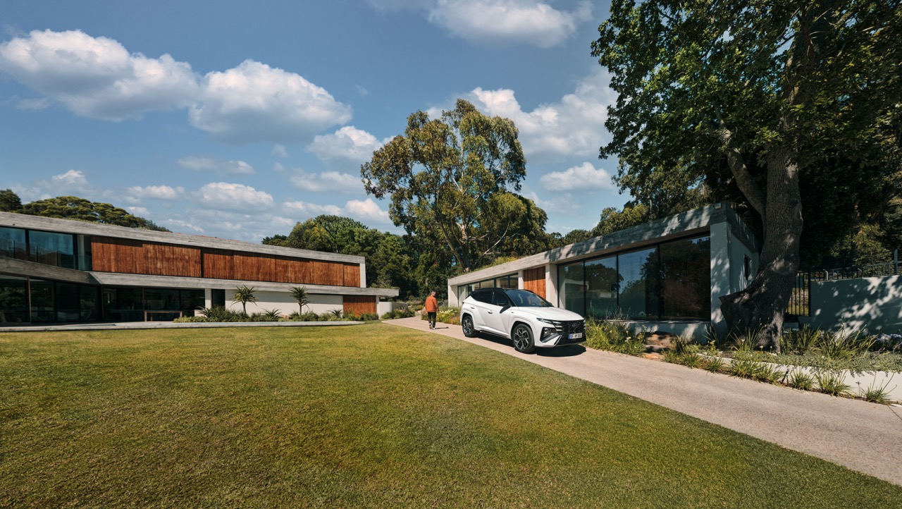 Hyundai Tucson parkt neben einer WIese.